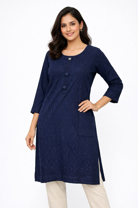 Gorgeous Blue Color Rayon With Chikankari Work Kurti For Women