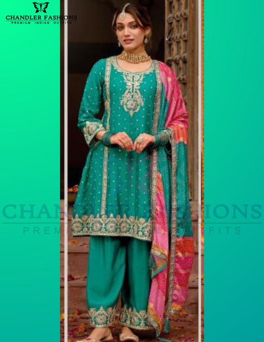 Beauteous Rama Green Color Chinon With Digital Print And Embroidery Work Palazzo Suits For Women
