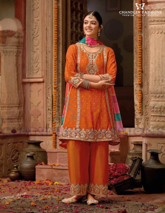 Fanciable Orange Color Chinon With Digital Print And Embroidery Work Palazzo Suits For Women
