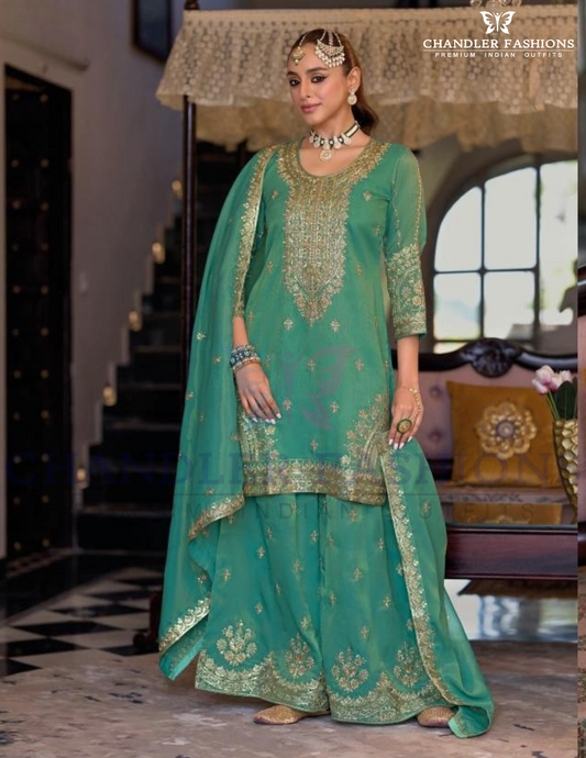 Attractive Green Color Shimmer Silk With Heavy Embroidery Work Palazzo Suits For Women