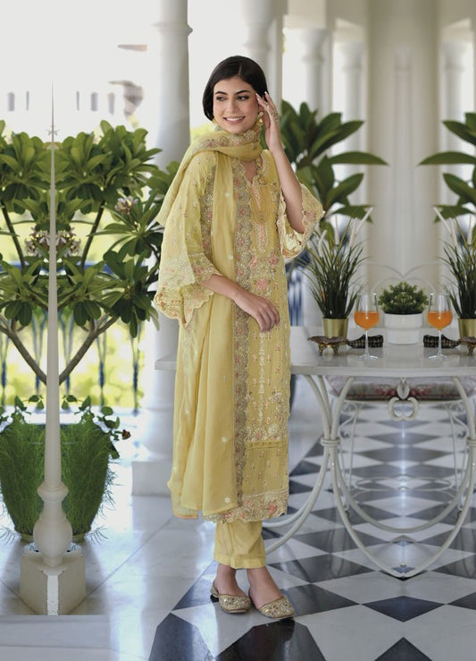 Gorgeous Yellow Color Heavy Silk Salwar Suits With Embroidery Work