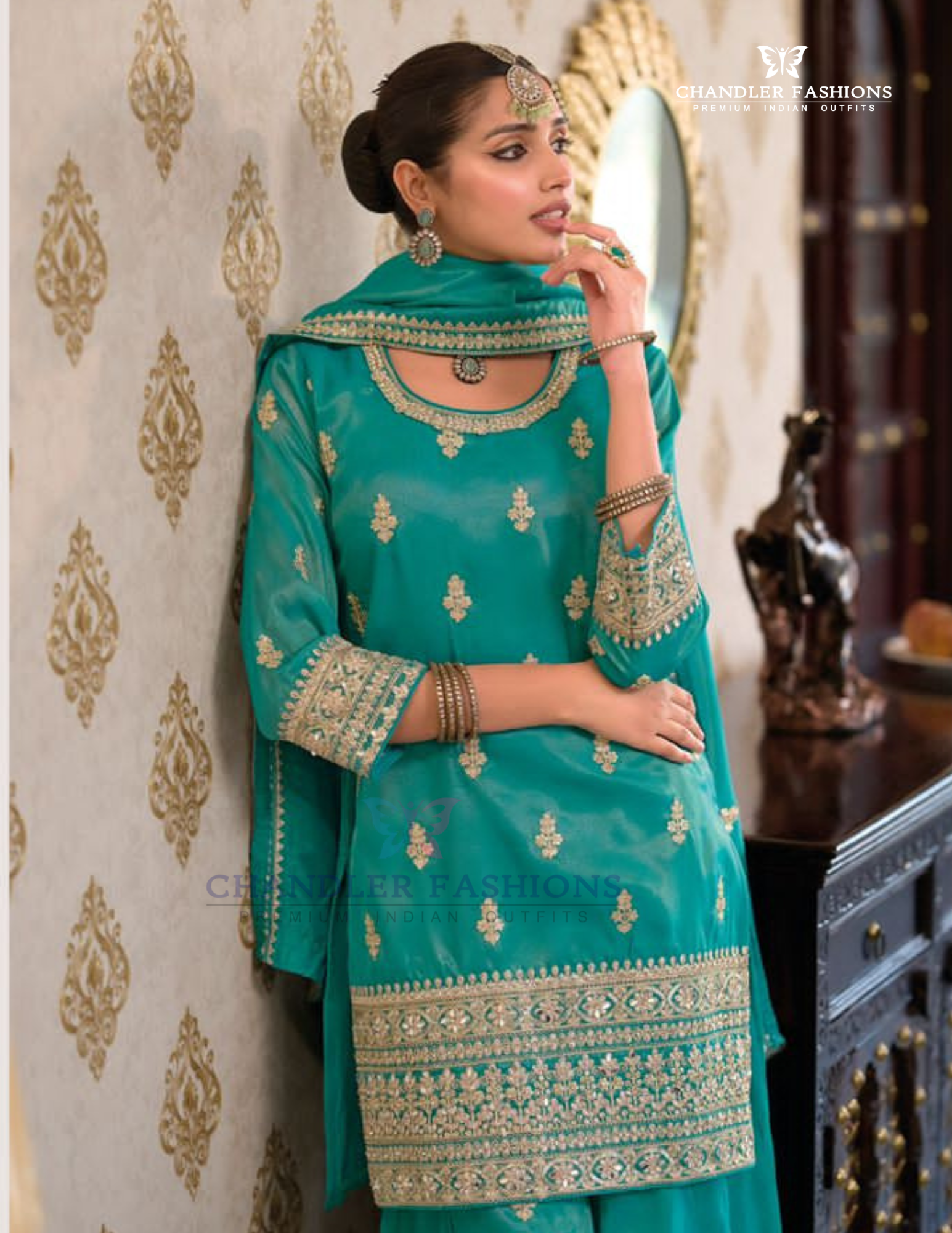 Teal Green Color Shimmer Silk With Embroidery Work Palazzo Suits For Women