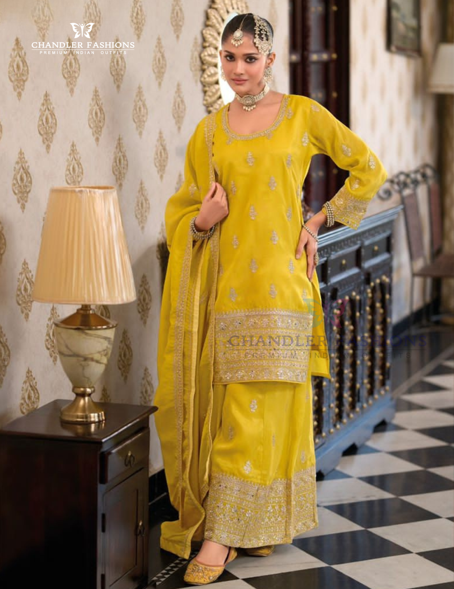 Pretty Yellow Color Shimmer Silk With Embroidery Work Palazzo Suits For Women