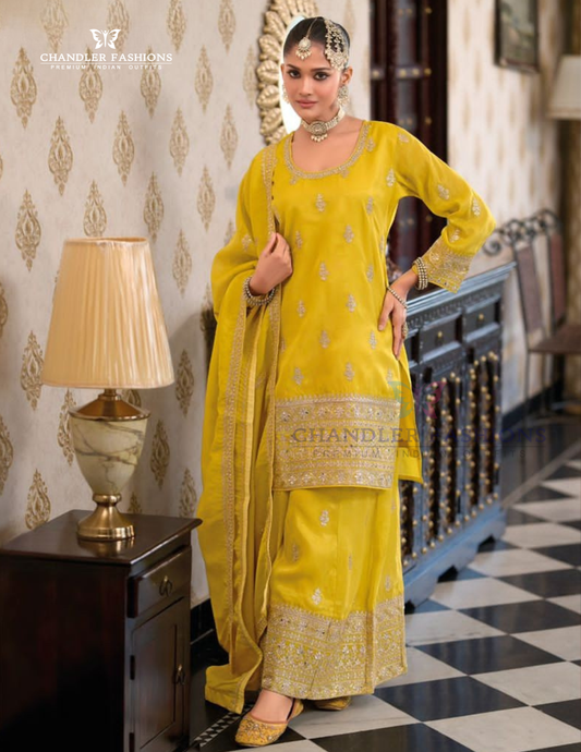 Pretty Yellow Color Shimmer Silk With Embroidery Work Palazzo Suits For Women