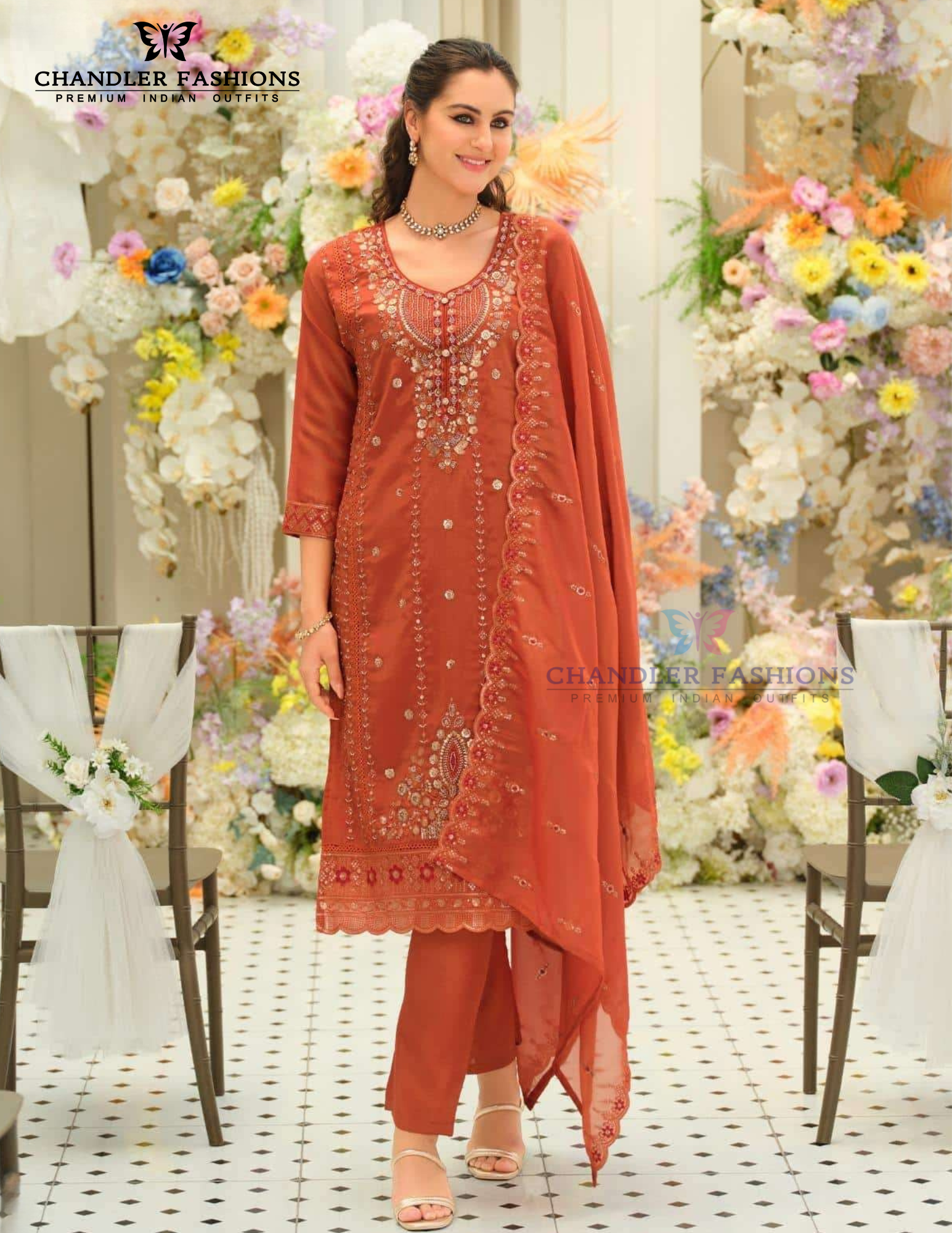 Delightful Orange Color Shimmer With Embroidery Work Salwar Suits For Women