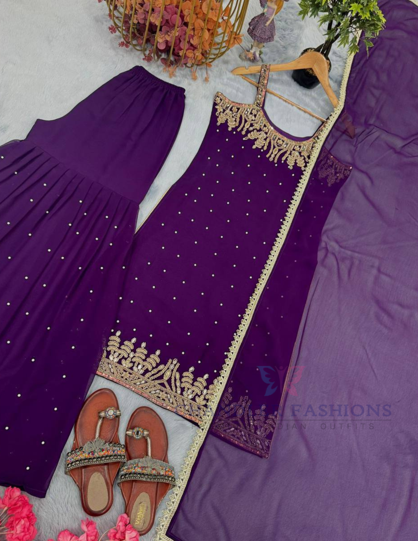 Purple Color Georgette Embroidery Work Palazzo Suits In Mesa