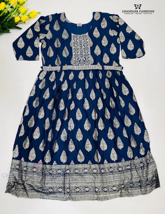 Pretty Navy Blue Color Printed And Sequins Work Rayon Kurti With Belt For Women