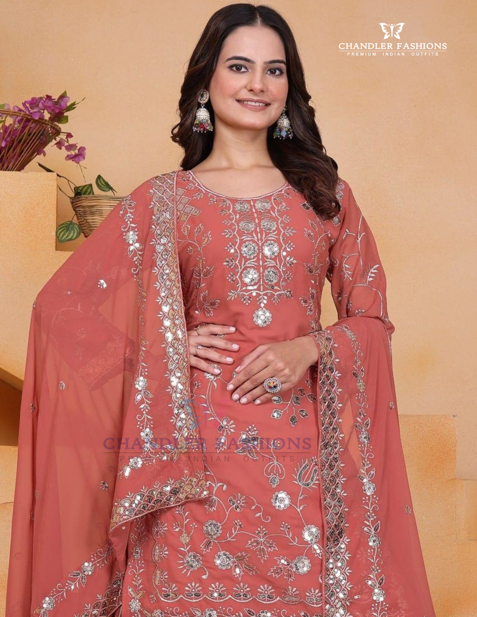 Peach Color Faux Georgette Sharara Suit With Sequins And Embroidery Work For Women