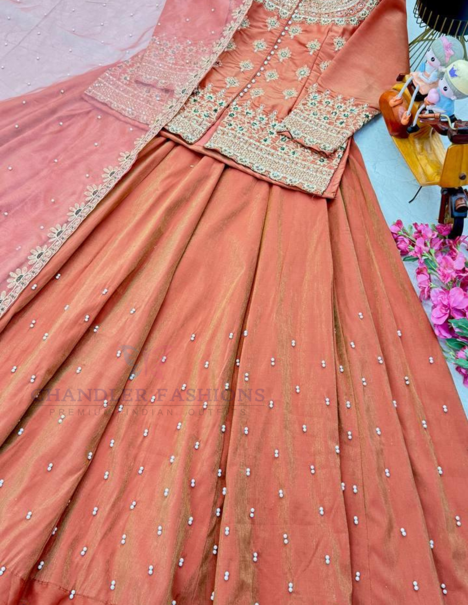 Peach Color Shimmer Silk Lehenga In Mesa