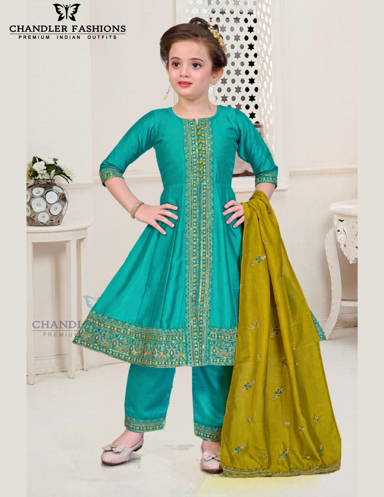 Pretty Teal Green Color Silk With Embroidery And Zari Work Kurti Suit For Girls