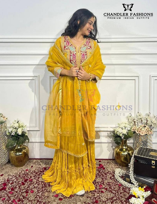 Beautiful Yellow Color Heavy Chinon Silk With Embroidery And Sequins Work Sharara Suits With Dupatta