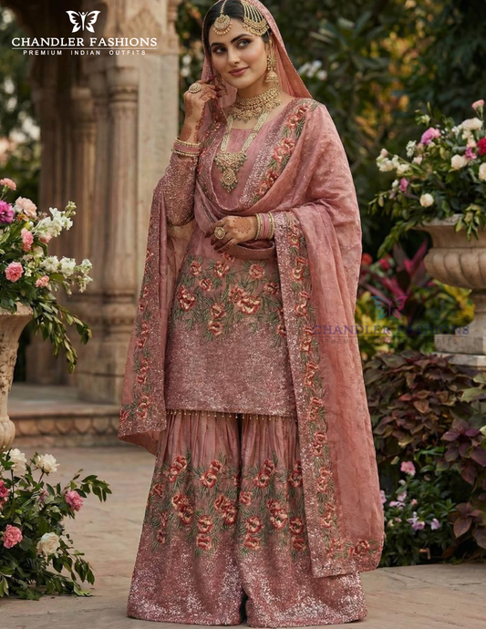 Alluring Peach Color Fendi Silk With Heavy Embroidery And Sequins Work Sharara Suits For Women