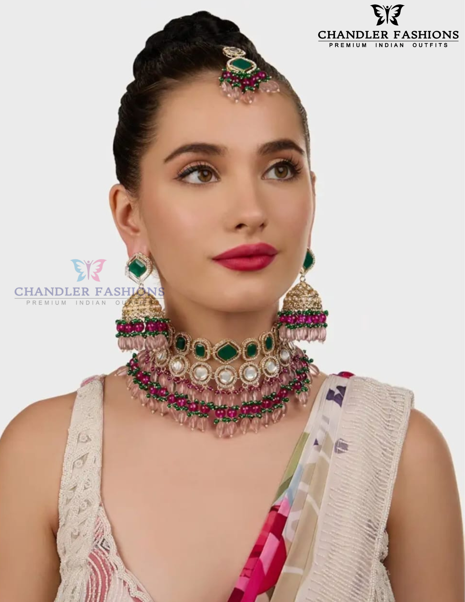 Green And Pink Color Stones Gold Plated Choker Set In USA