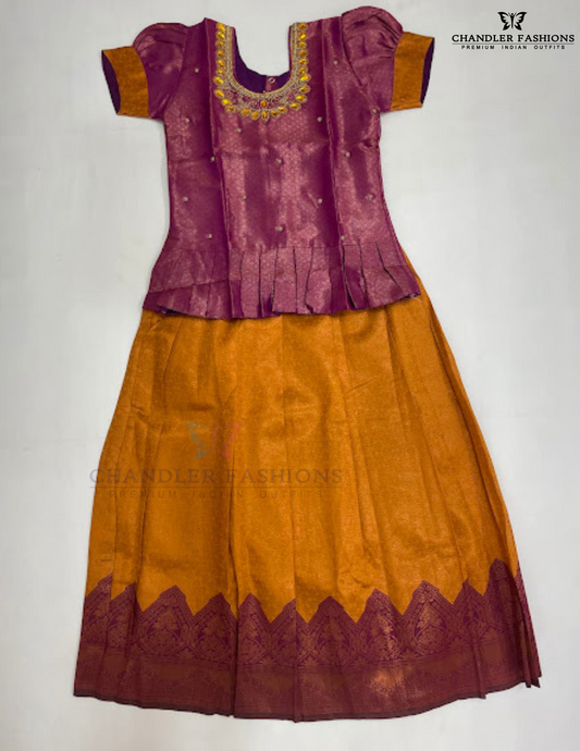 Appealing Pink And Mustard Yellow Color Silk Langa set With Zari Work For Girls