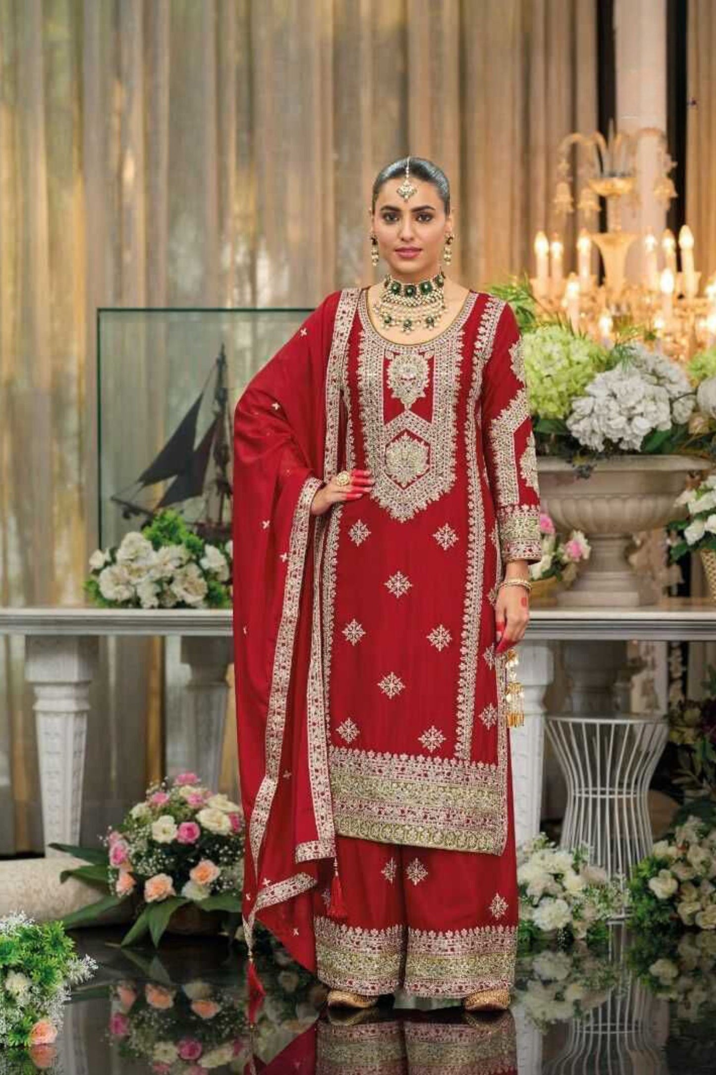 Elegant Designer Red Color Palazzo Suits With Dupatta For Women