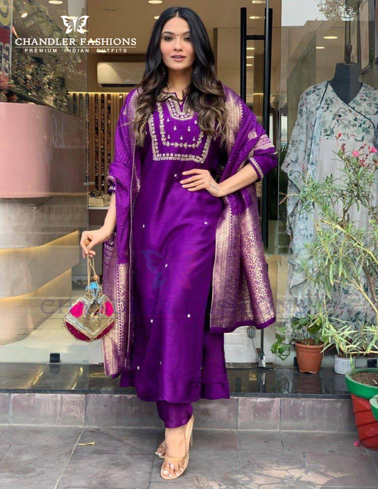 Attractive Violet Color Cotton Slub With Embroidery Work Salwar Suits For Women