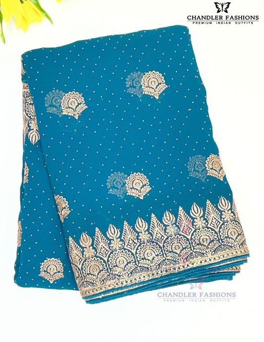 Wonderful Teal Blue Color Georgette With Zari Work Saree For Women