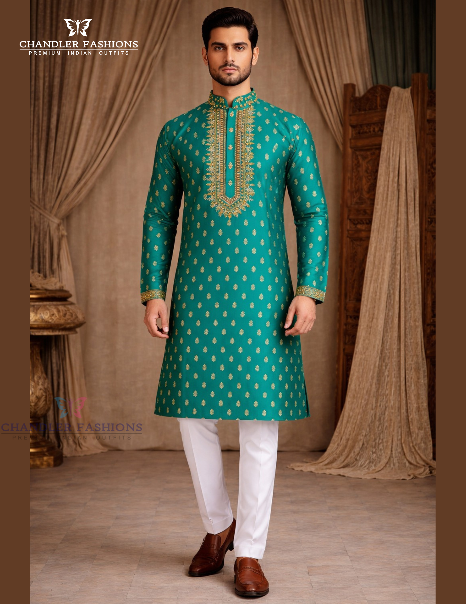 Elegant Green Color Brocade Designer Men's Kurta With Pajama Pant