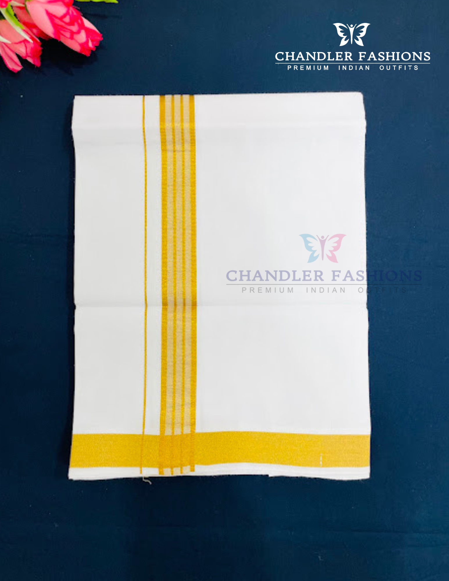 Fashionable Men's White Premium Pure Cotton Golden Zari Border Dhoti Set Near Me