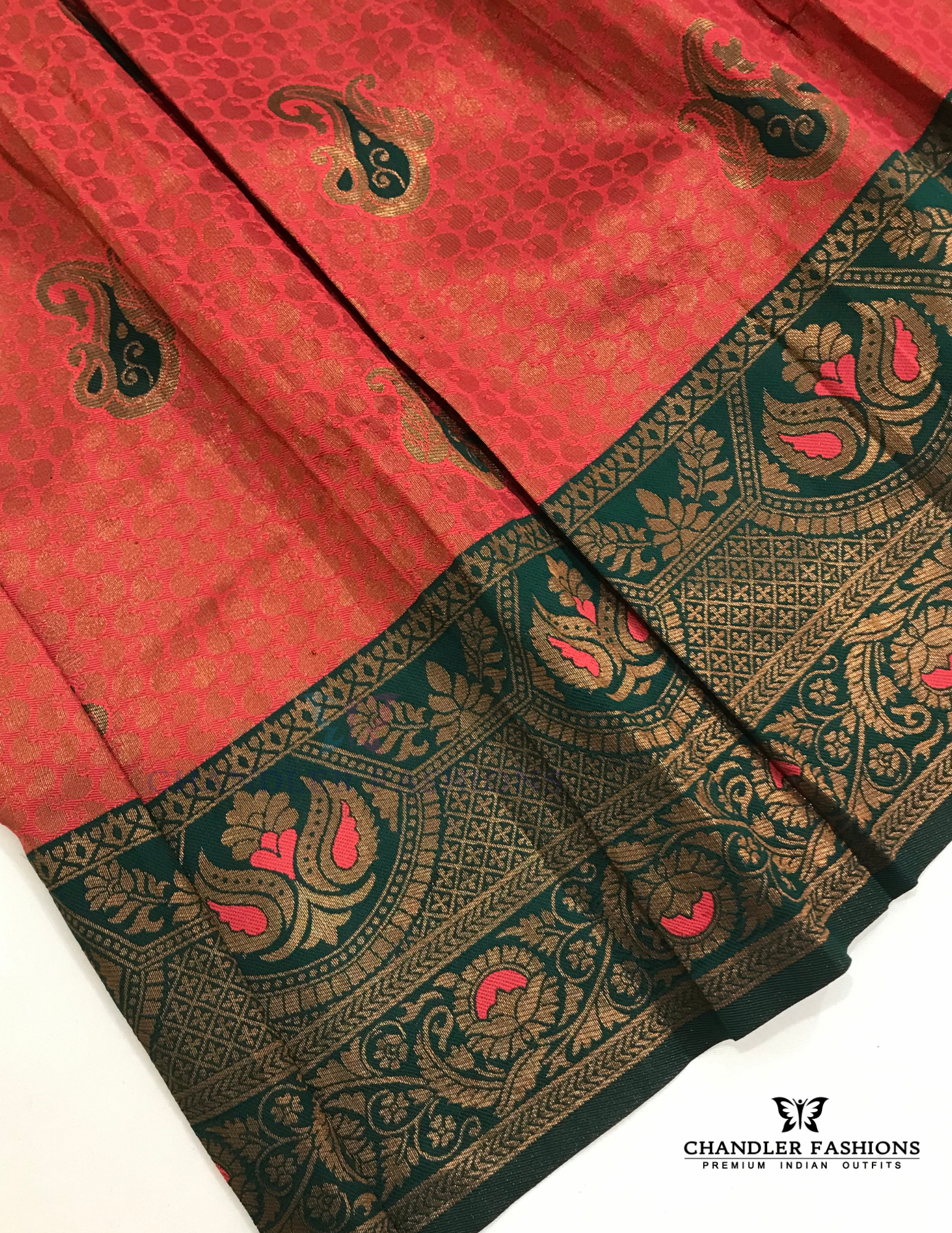 Red And Green Color Silk Langa set With Stone Work In Mesa