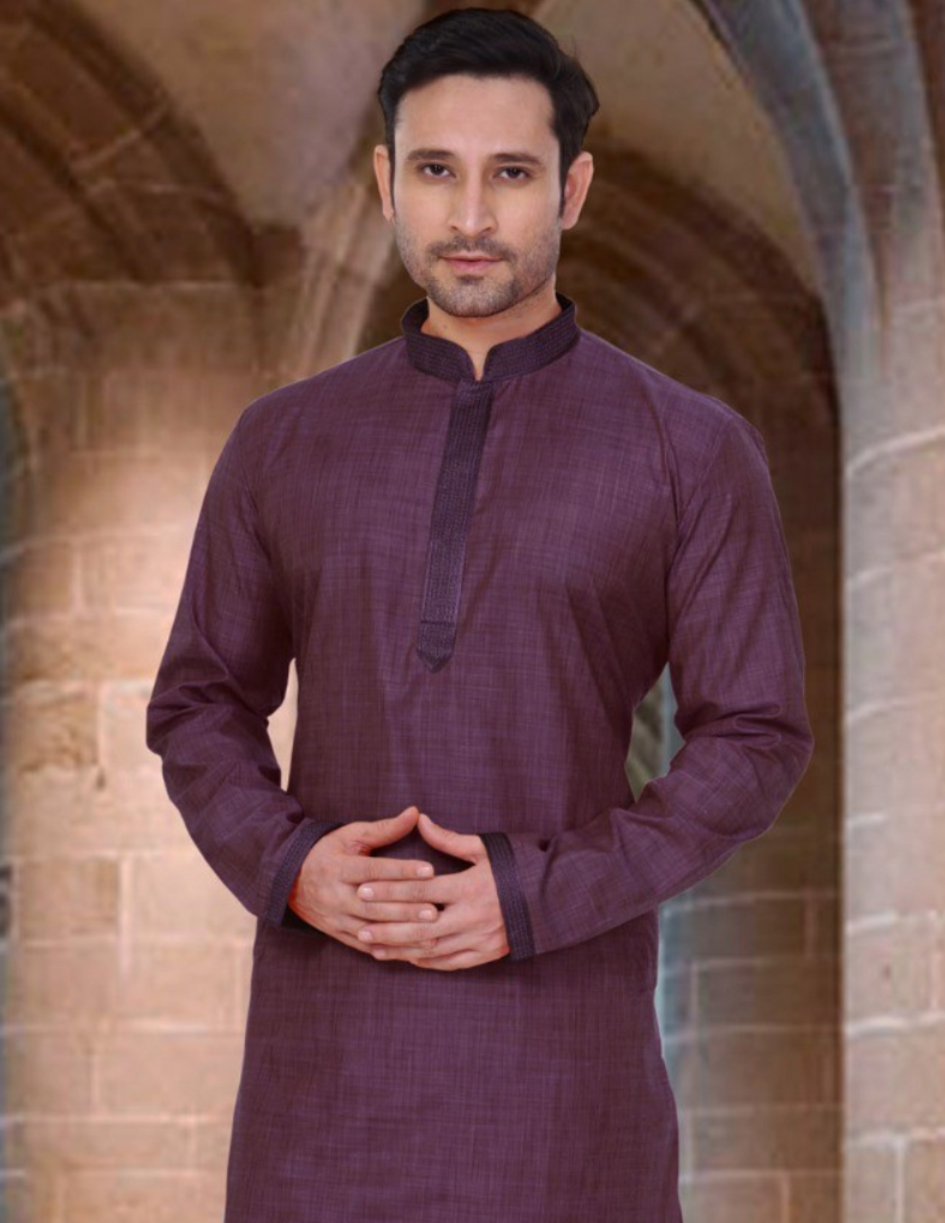 Pretty Purple Color Poly Cotton Lace Embroidery Work Kurta Pajama Set For Men Near Me