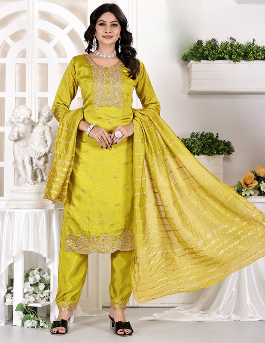 Pretty Lime Green Color Sequins and Zari Embroidery Work Salwar Suits With Dupatta