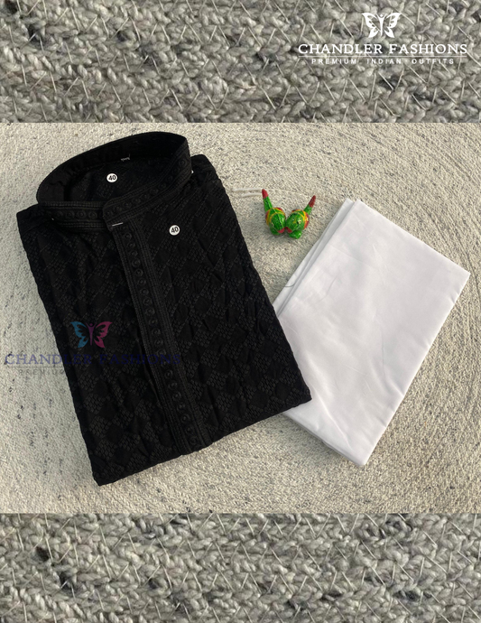 Amazing Black Rayon With Chikankari Work Kurta Suits For Men