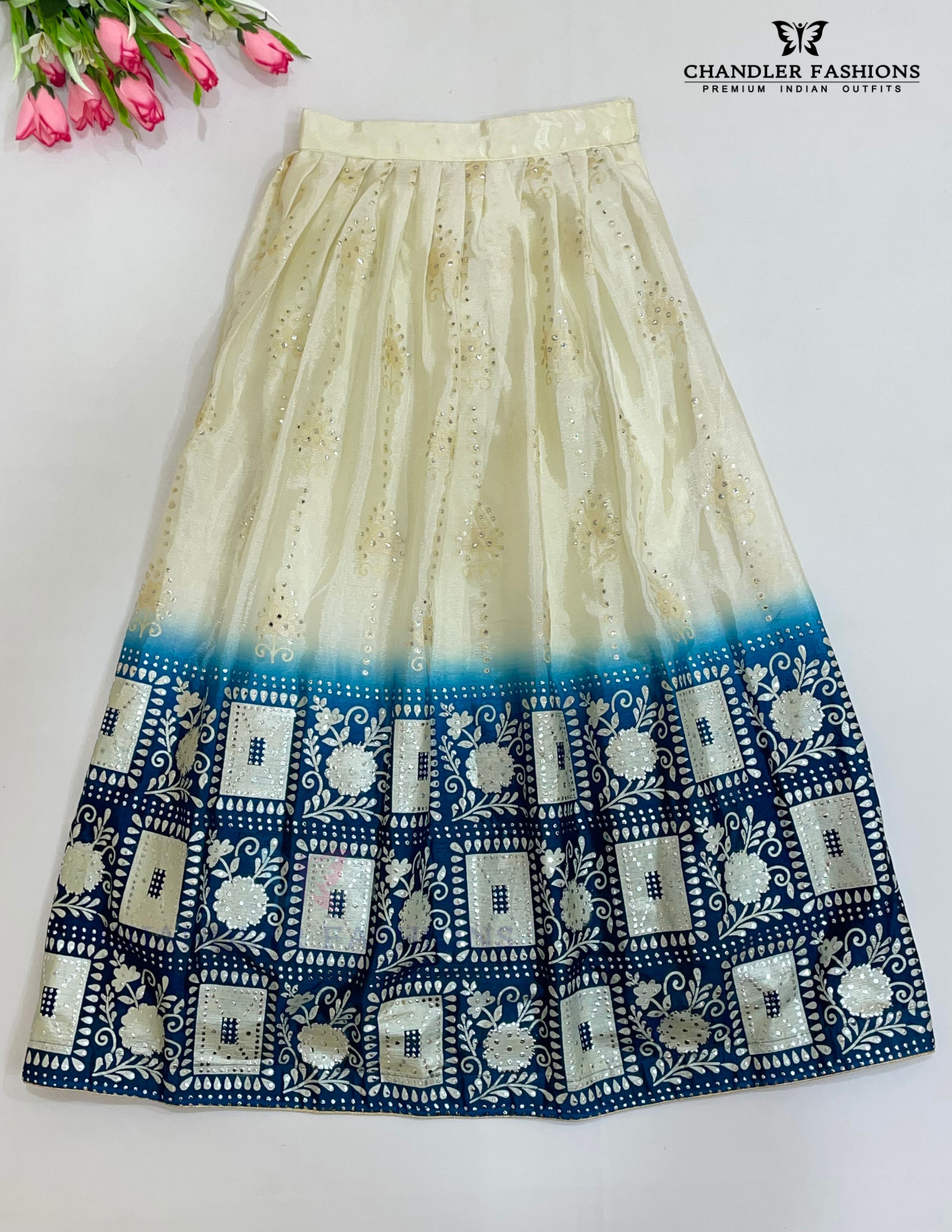 Teal Blue And Off White Color Georgette With Mirror Work Choli In Surprise