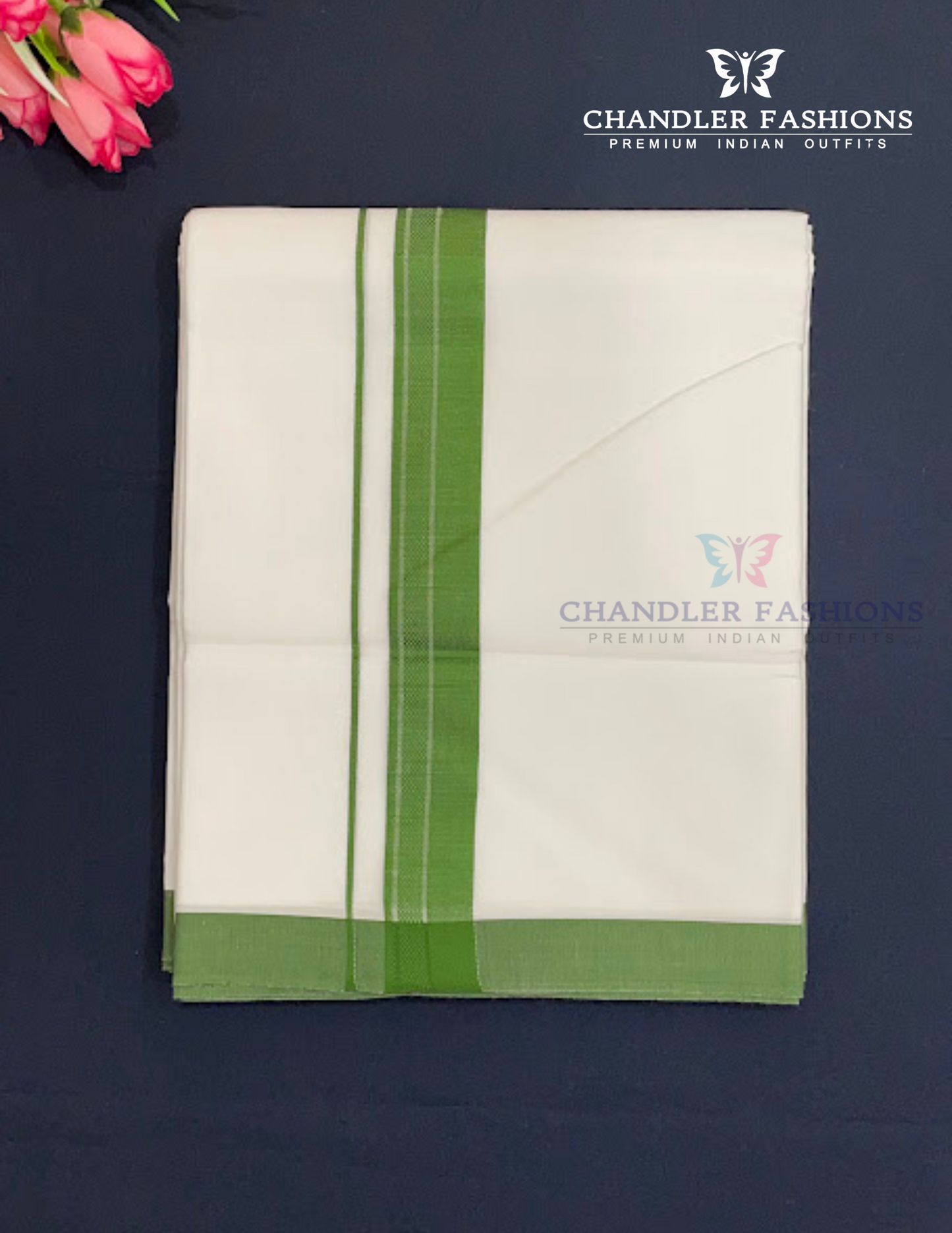 Elegant Men's White Premium Pure Cotton Green Color Border Dhoti Near Me
