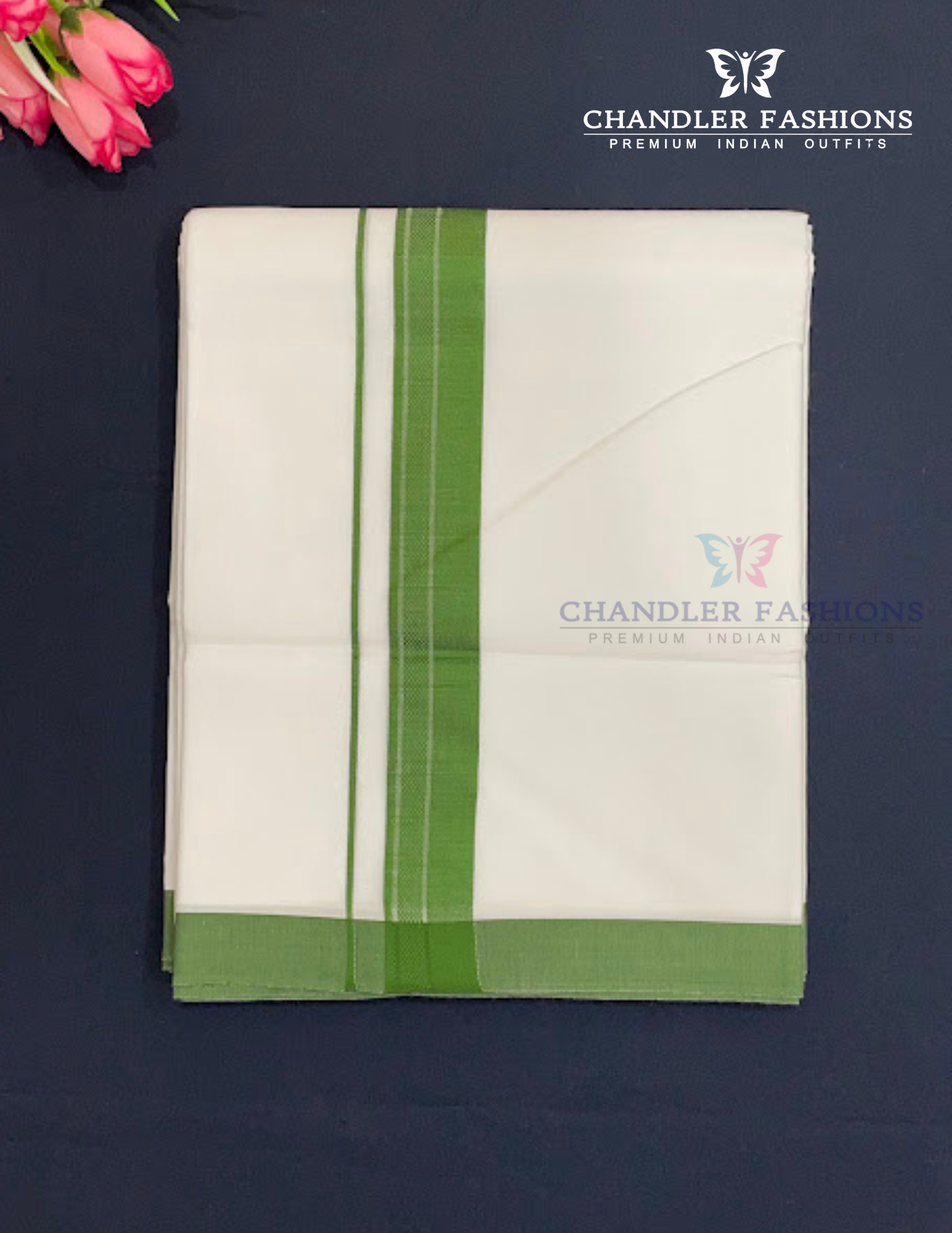 Elegant Men's White Premium Pure Cotton Green Color Border Dhoti Near Me