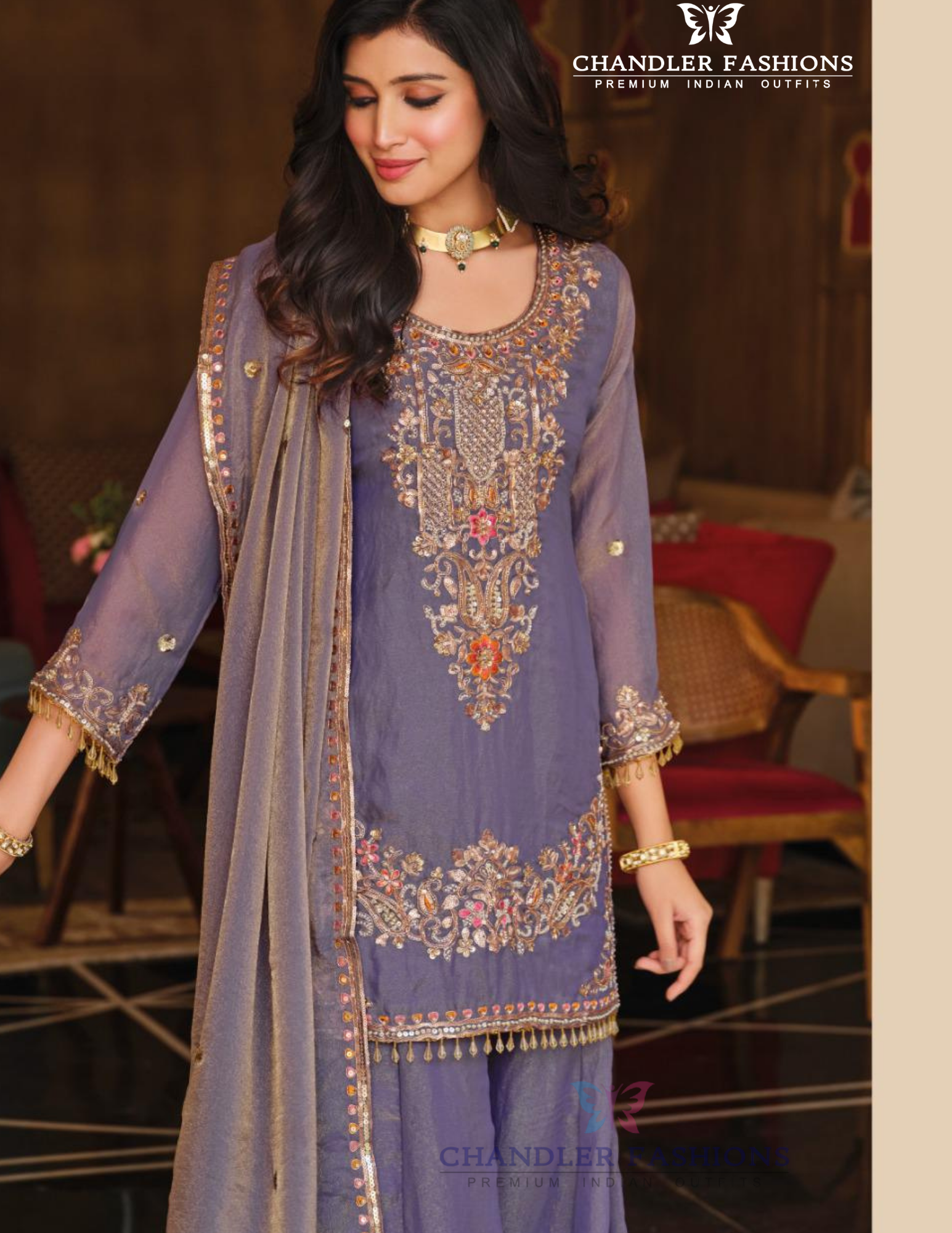  Light Purple Color  Embroidery  Work Palazzo Suits And Dupatta In Yume