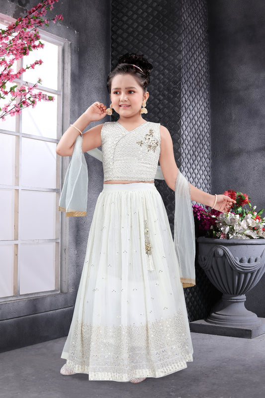 Appealing White Colored Georgette Embroidery Work Girls Choli Sets