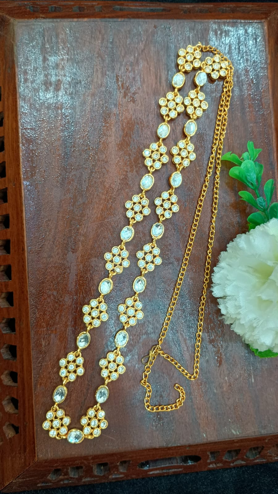  White Color Stone Worked Antique Gold Floral Design Hip Chain Near Me