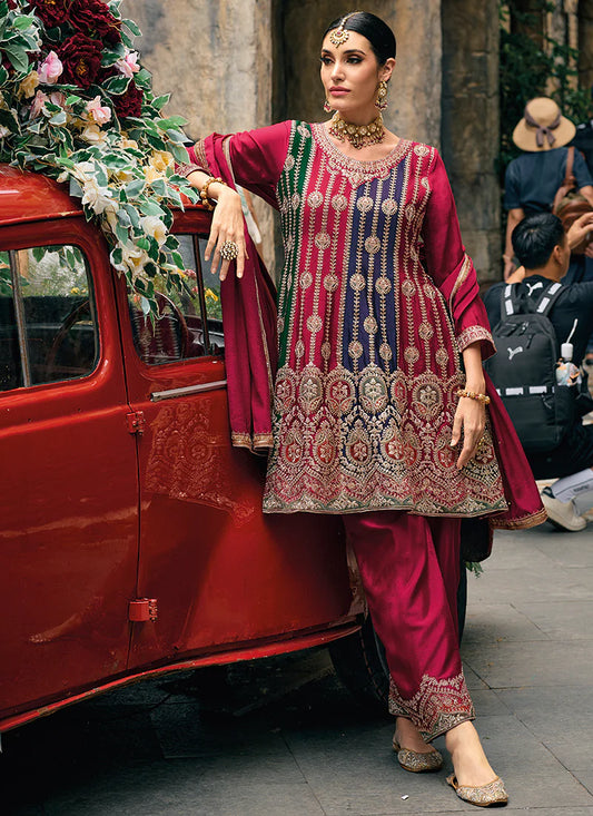 Magnificent Magenta Pink Multi Embroidery Wedding Designer Salwar Kameez Suits