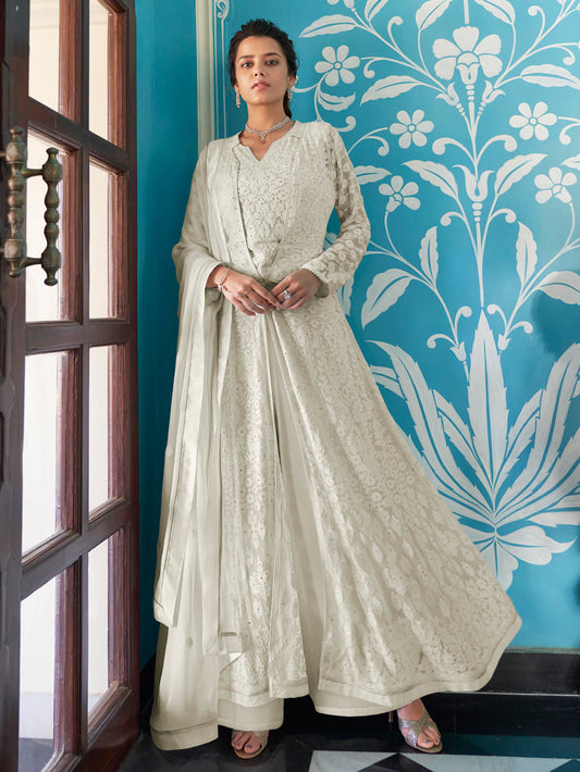 Beautiful Off White Georgette Embroidered Anarkali Style Suit