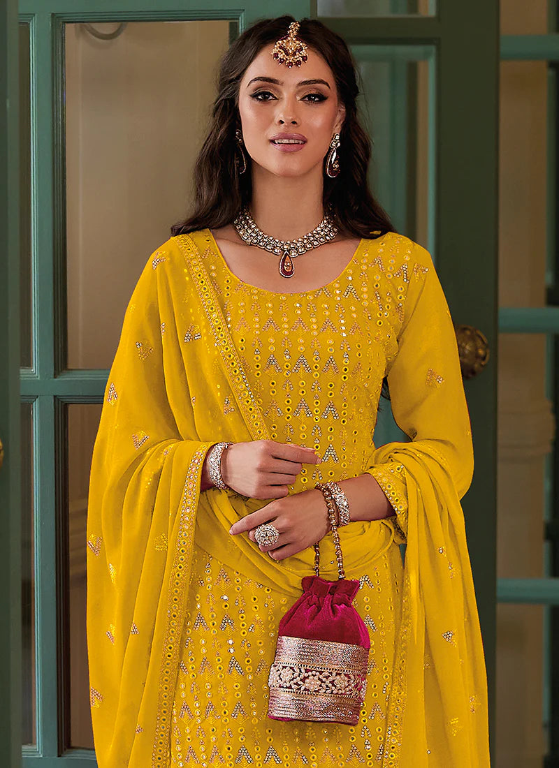 Yellow Blooming Georgette Embroidered Festive Pakistani Style Palazzo Suits in USA