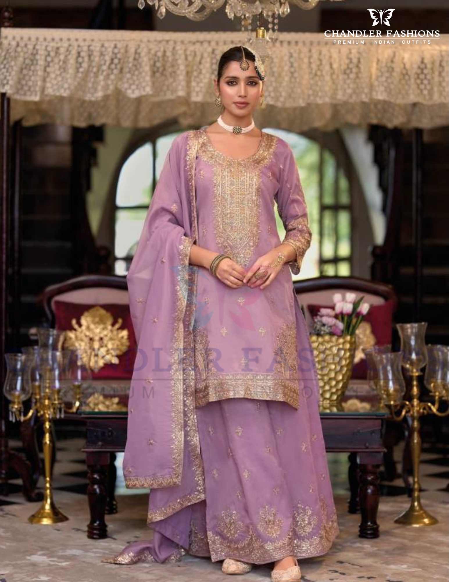 Pleasing Lavender Color Shimmer Silk With Heavy Embroidery Work Palazzo Suits For Women