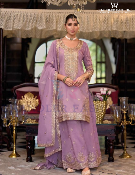 Pleasing Lavender Color Shimmer Silk With Heavy Embroidery Work Palazzo Suits For Women