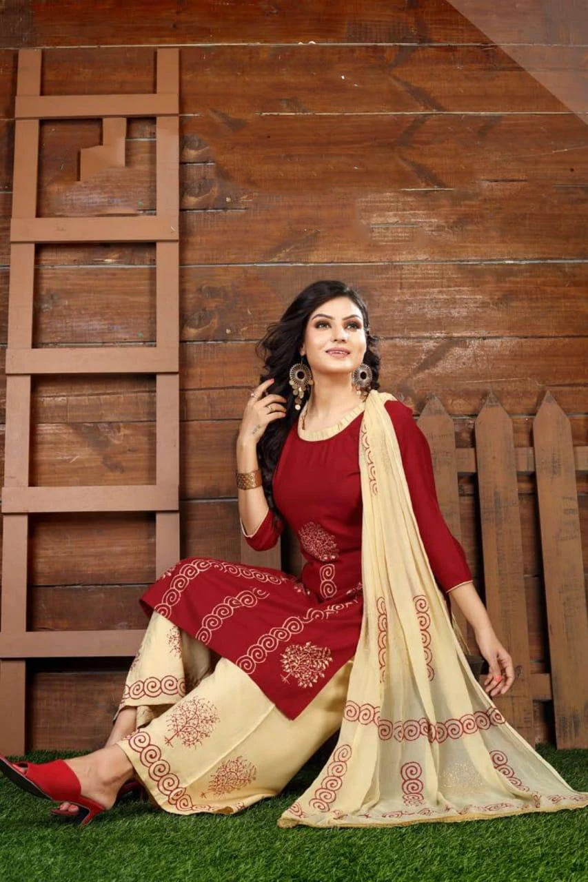 Alluring Red Color Printed Kurti With Beige Palazzo Pant and a Beige Dupatta Near Me