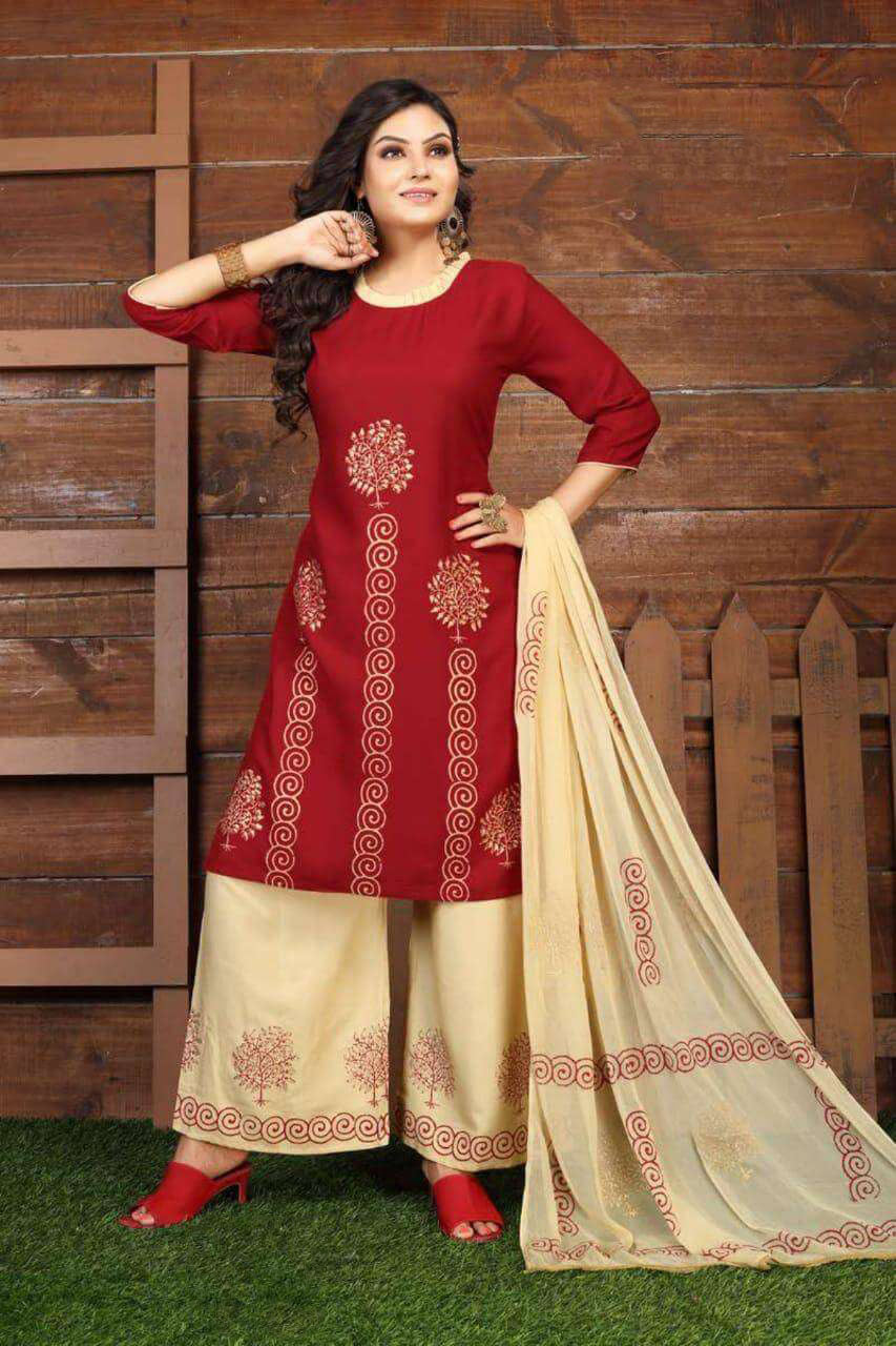 Alluring Red Color Printed Kurti With Beige Palazzo Pant and a Beige Dupatta