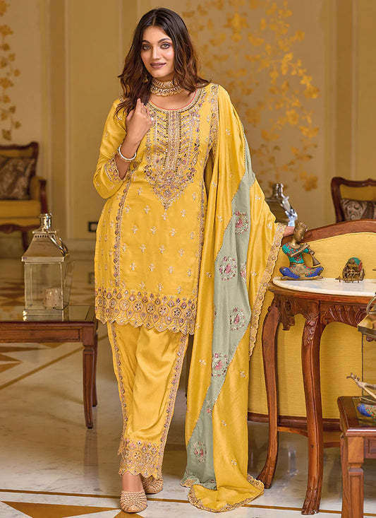 Beautiful Yellow Premium Silk Embroidered Festival Wedding Pant Salwar Kameez