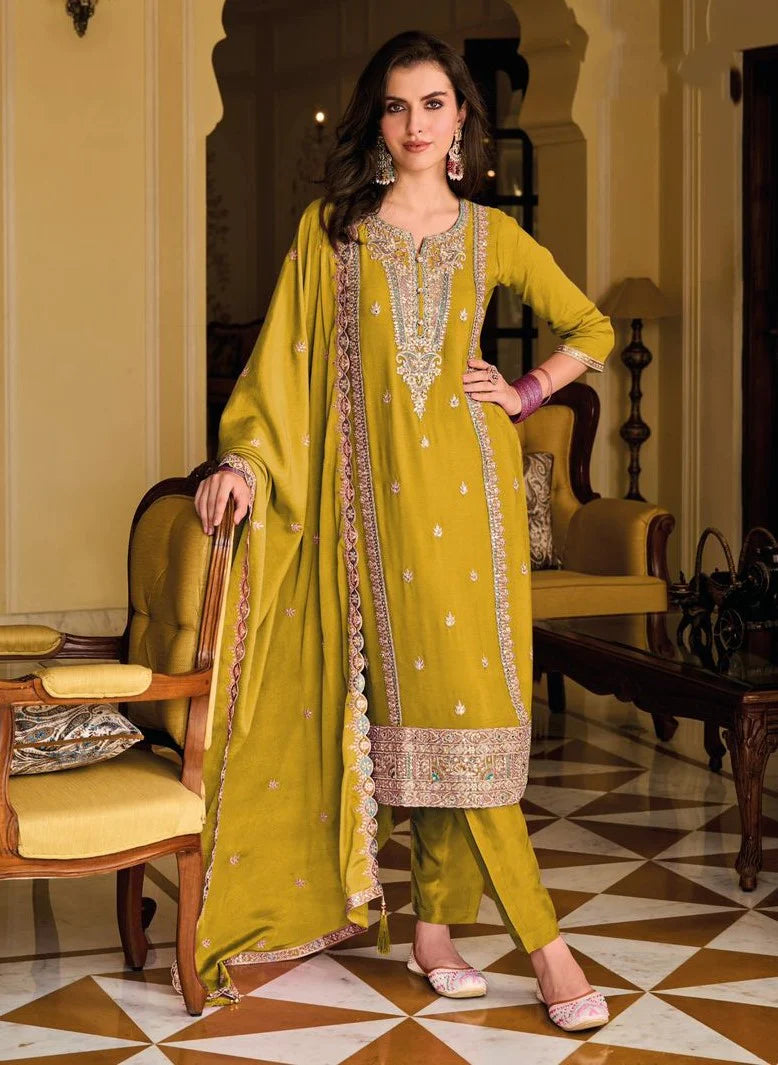 Wonderful Mustard Yellow Colored Pure Silk Heavy Chinon Embroidery Work Salwar Suits