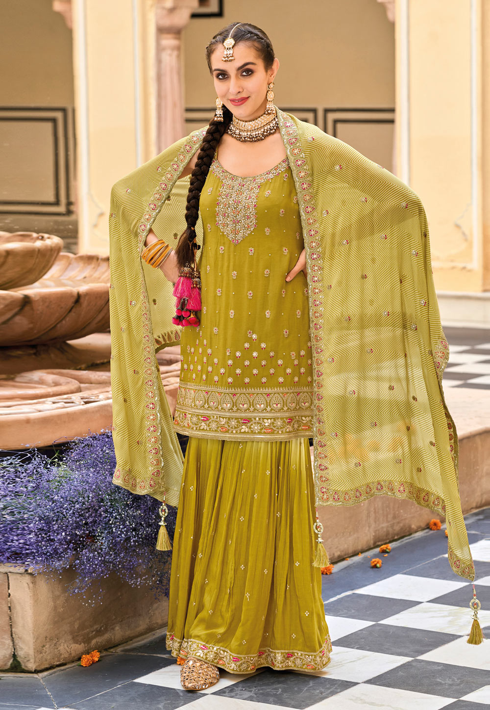 Party Wear Palazzo Suits With Embroidery Work In Surprise