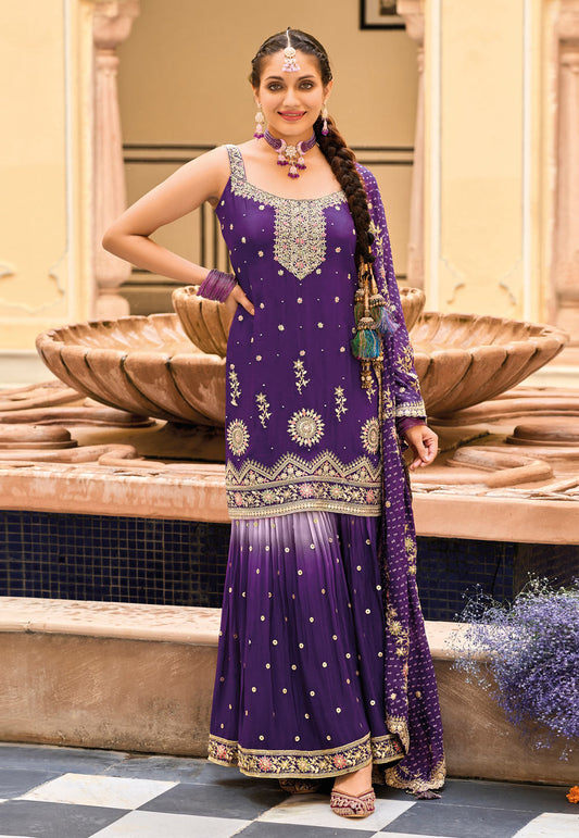 Attractive Purple Colored Designer Palazzo Suits With Digital Print Embroidery Work Dupatta