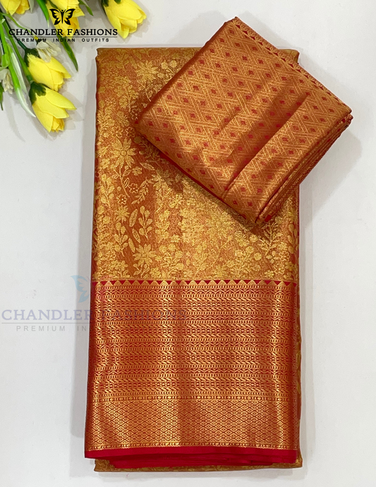 Wonderful Gold With Red Color Pure Kanchi Silk With Floral Motifs And Traditional Motifs Rich Pallu Design Gold Zari Work Saree For Women