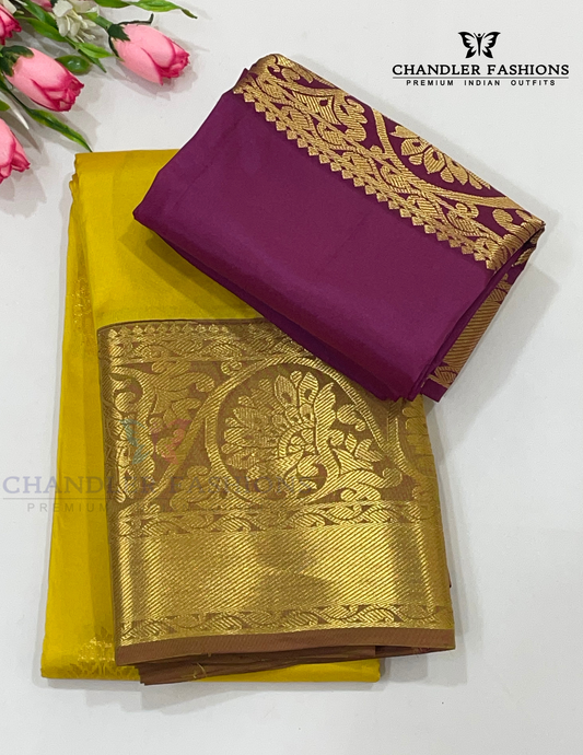 Pretty Yellow Color Pure Kanchi Silk Floral Motifs With Purple Color Rich Pallu Design And Gold Zari Work Saree For Women - SILKMARK CERTIFIED