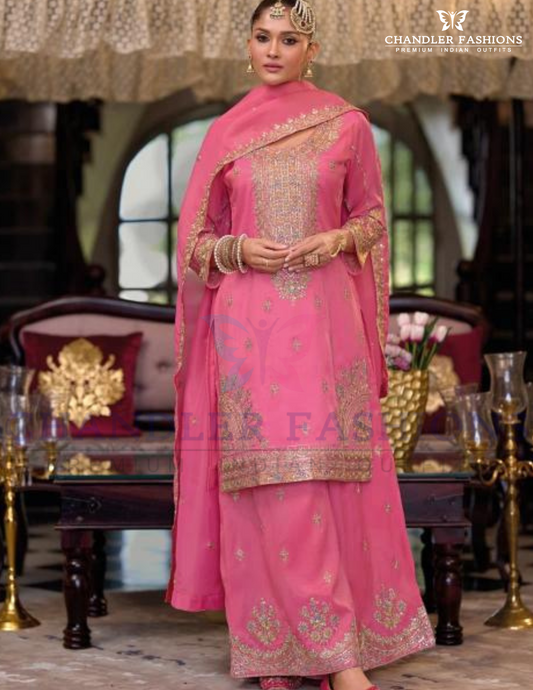Beautiful Pink Color Shimmer Silk With Heavy Embroidery Work Palazzo Suits For Women