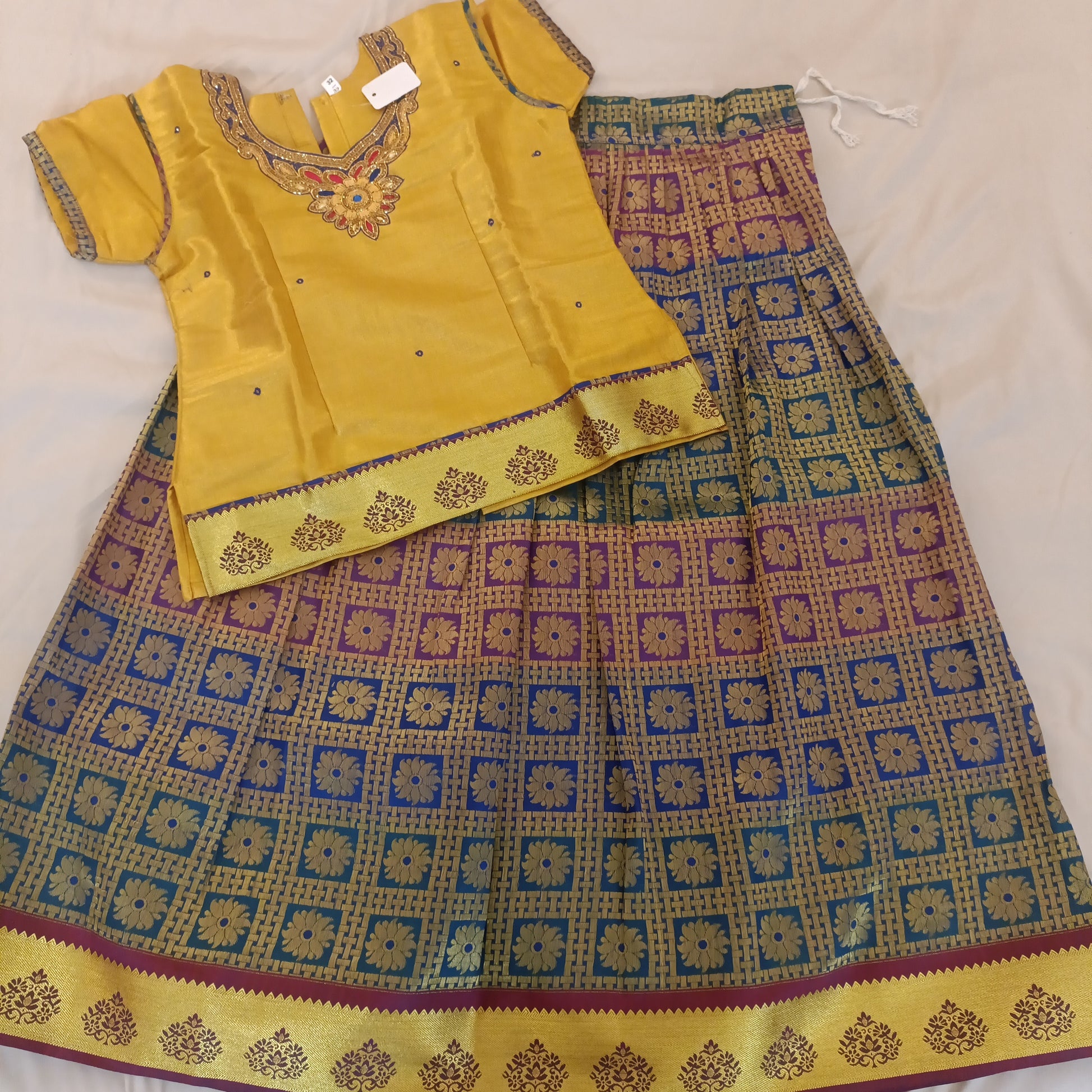 Grand Multicolor Banaras Silk Langa Set With Golden Blouse In USA