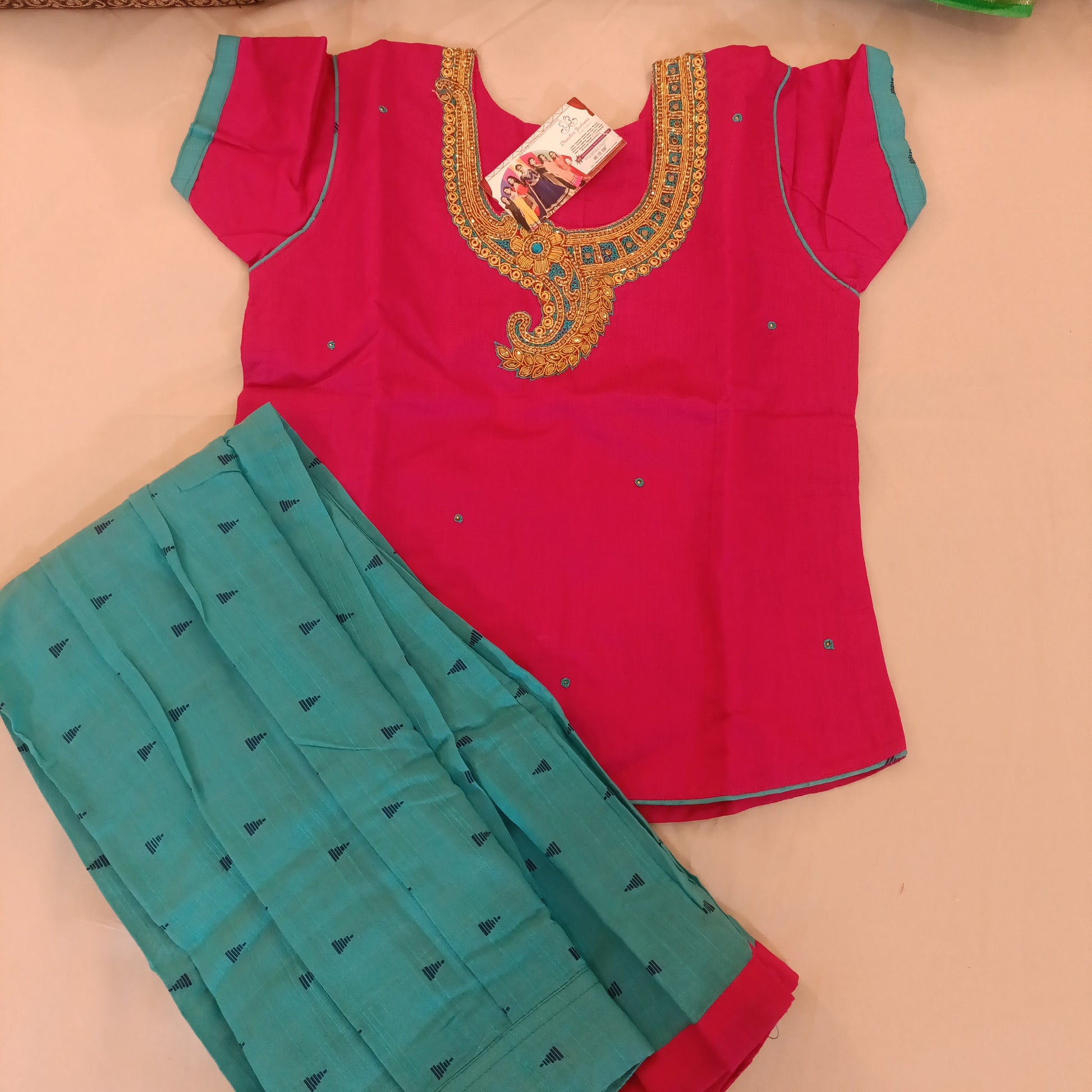 Fabulous Pink And Blue Designer Kids Silk Langa Set