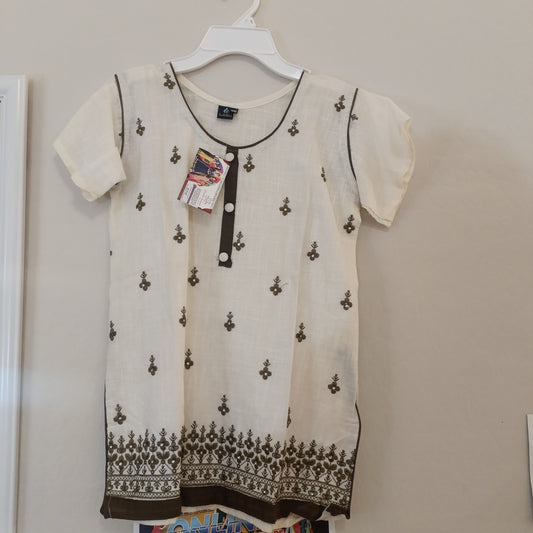 Alluring White Color Short Kurti With Embroidery Work For Kids